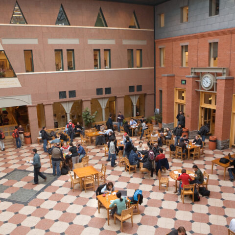 Students in the Sage Hall atrium.