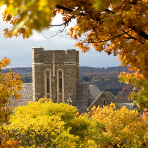 Anabel Taylor Hall with fall fall foliage.