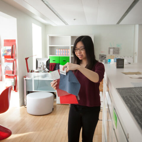 A student works in the student-run Human Ecology (HUMEC) Design Library (dLib).