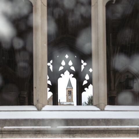 McGraw Tower shown through a snowy War Memorial.