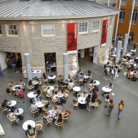 Students are seen in between classes in Klarman Hall on the first day of Fall Semester 2022.