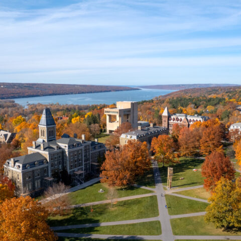 Arts quad with Cayuga Lake in background.