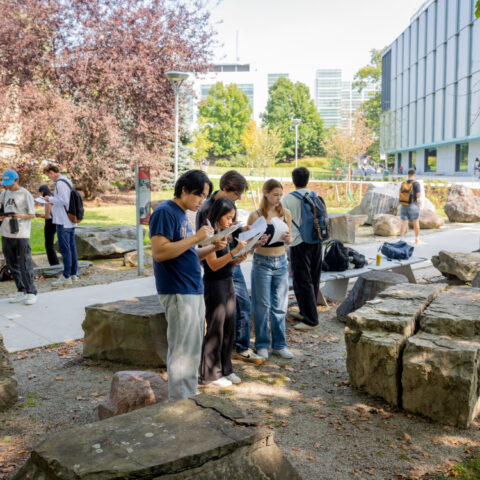 Students take notes in the Department of Earth and Atmospheric Sciences Rock Park on the Pew Engineering Quad.