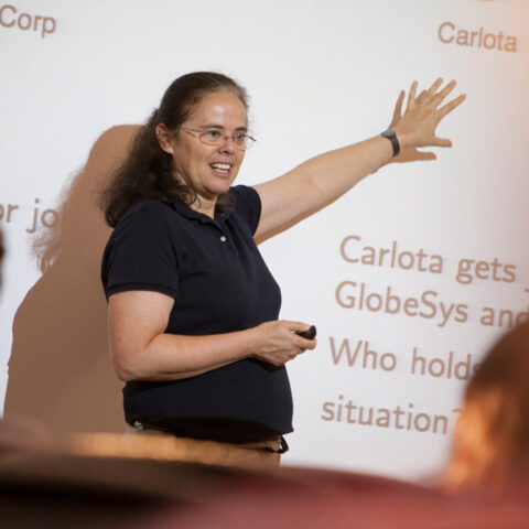 Eva Tardos teaching a new student orientation workshop coordinated by the Carol Tatkon Center.