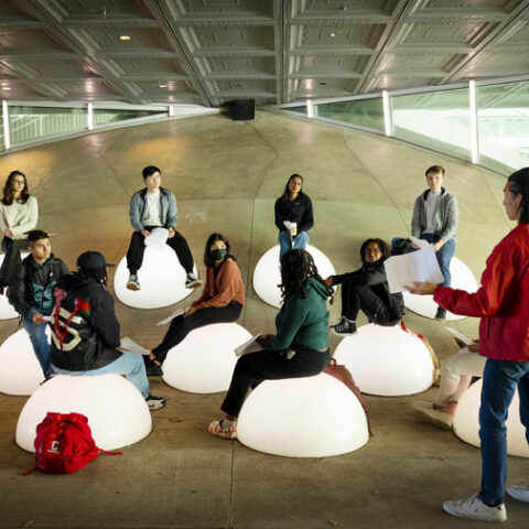 Students in the College of Architecture, Art and Planning participate in a class under Milstein Hall.