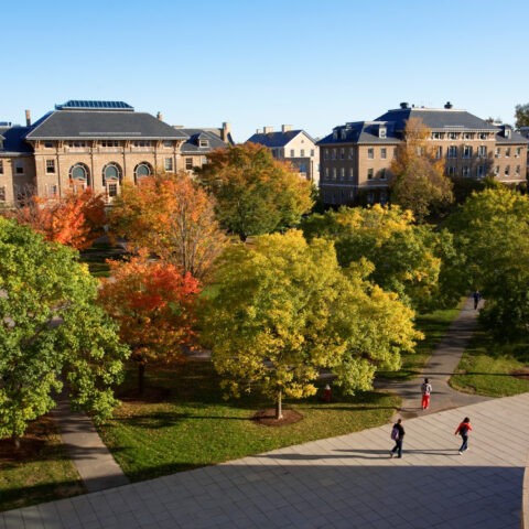 The Computing and Communications Center (CCC), Caldwell Hall, and the Agriculture and Life Sciences Quadrangle in fall.