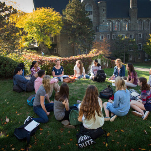 A outdoor class on Libe Slope in fall.